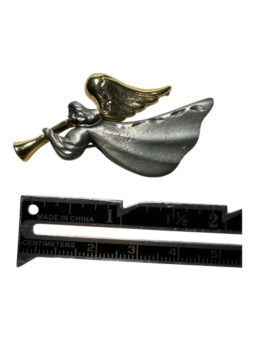 Vintage Angel Trumpet Brooch Gold & Silver Tone Christmas Cherub Pin